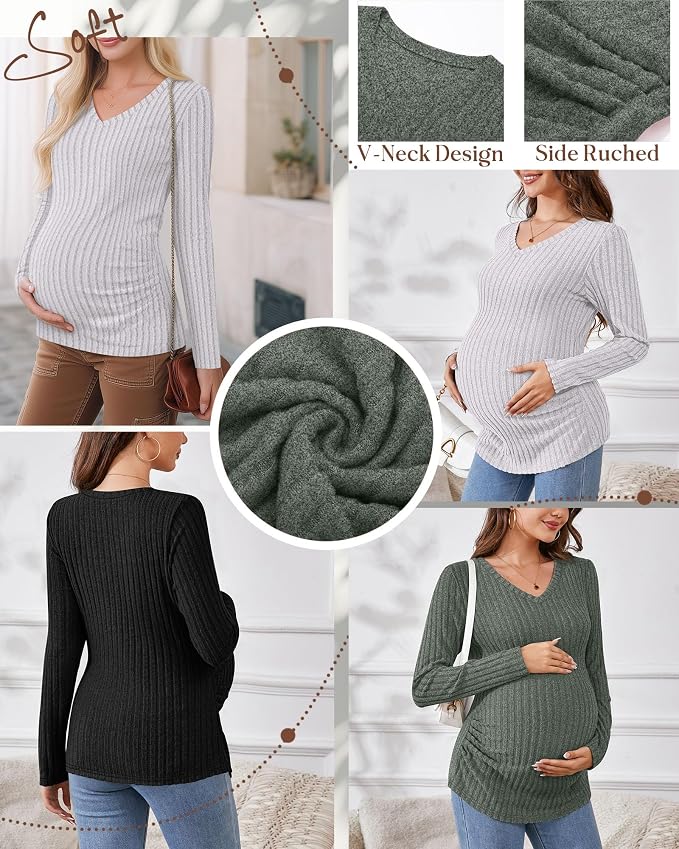 Ficerd 3 Pack Women's Maternity Shirts Ribbed Long Sleeve Pregnancy Tops V Neck - Image 4
