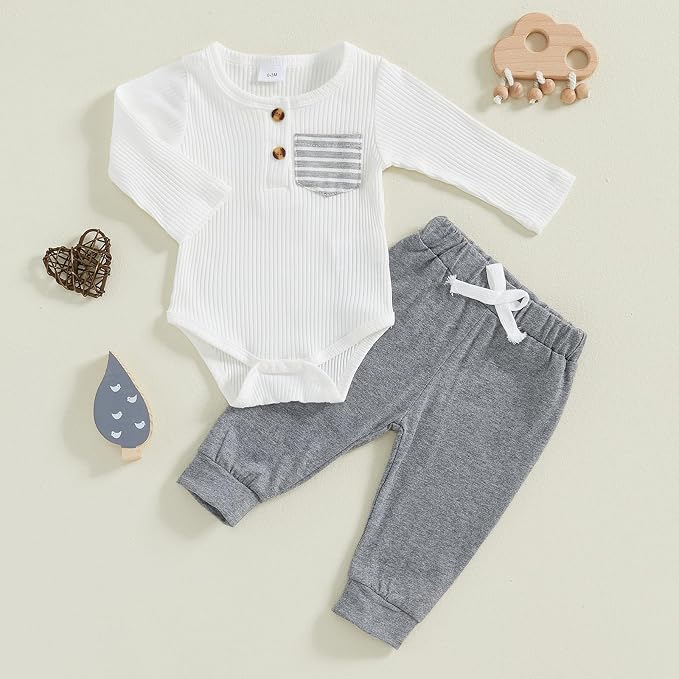 fhutpw Baby Boy Clothes 3 6 12 18 Months Ribbed Knitted Long Sleeve Romper and - Image 2