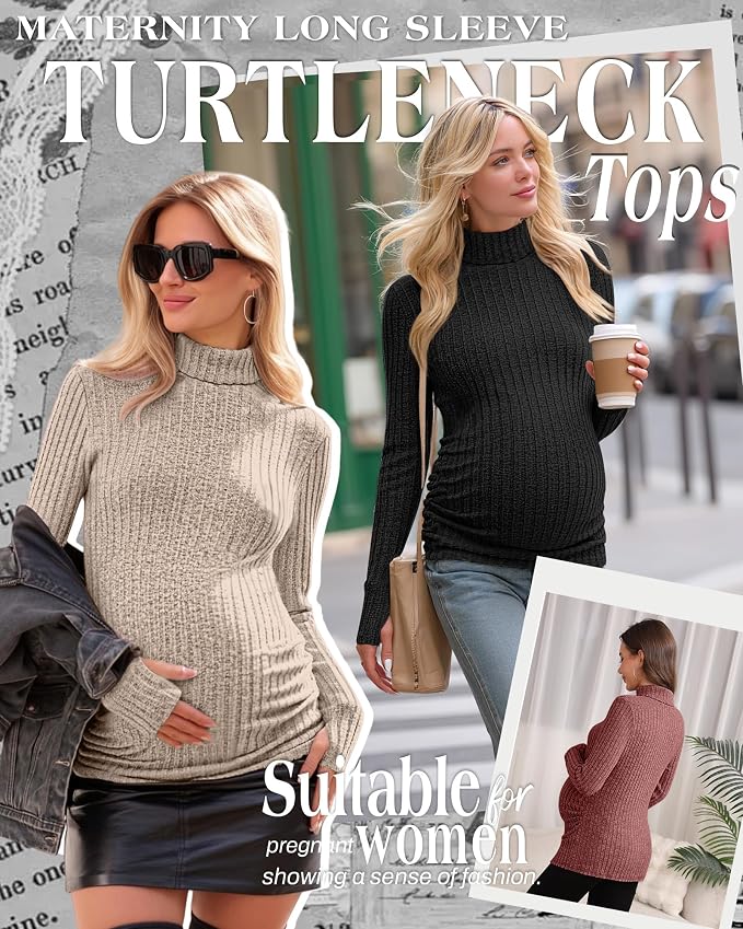 3 Pack Maternity T-Shirts Pregnancy Tops Women Sweater Long Sleeve Turtleneck - Image 2