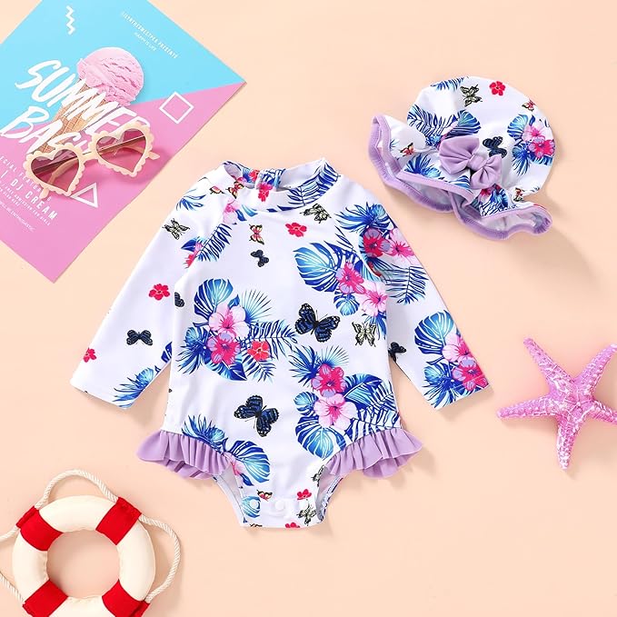 Infant Baby Girl Swimsuit One-Piece Long Sleeve Rash Guard - Image 2