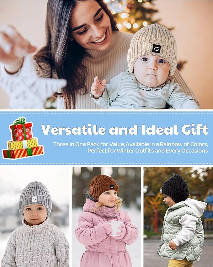 3 Pack Baby Beanie Hats with Earflaps, 2 Size Baby Winter Hat - Image 7
