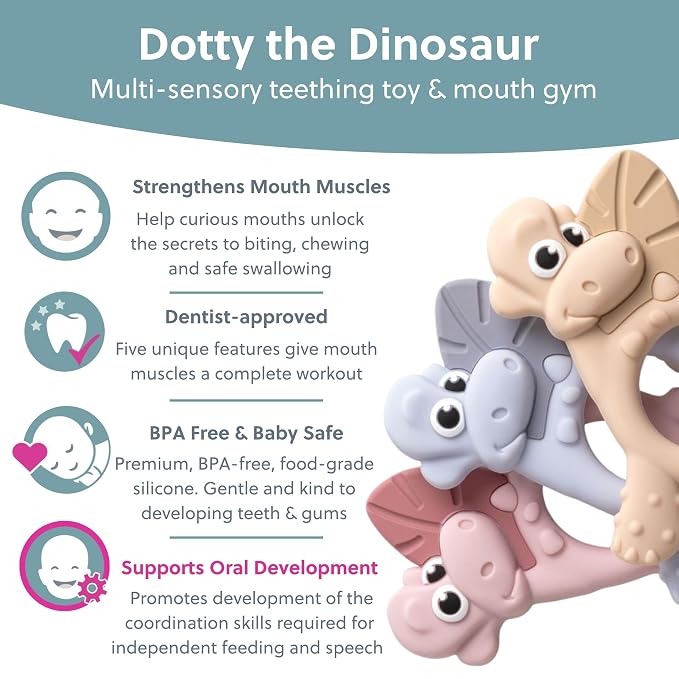 Bibado - Dotty The Dinosaur Teething Toys, Mist - Multi-Sensory Teether - BPA - Image 3