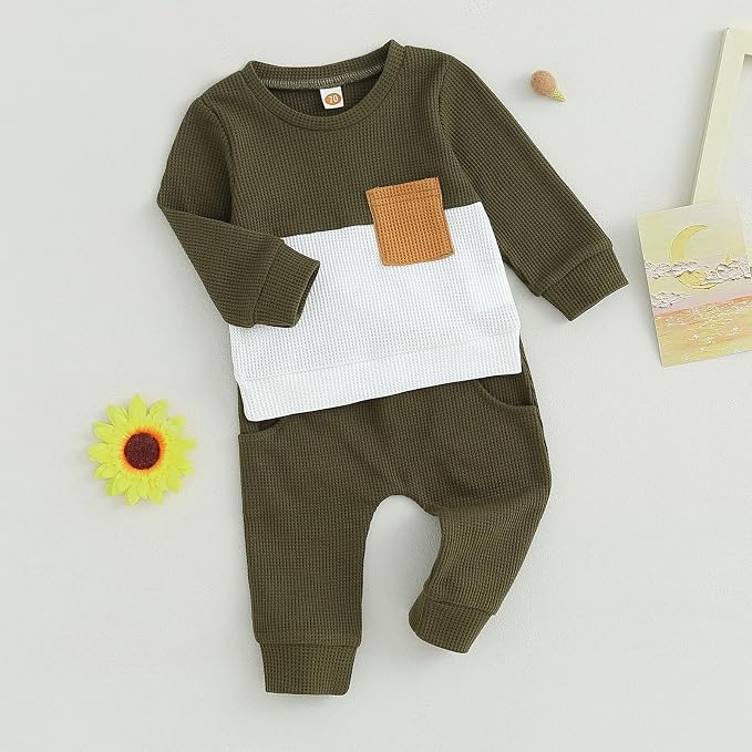 Toddler Baby Boy Fall Clothes Waffle Outfit Long Sleeve Color Blocking - Image 6