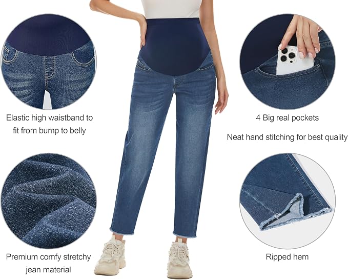POSHGLAM Women's Maternity Jeans Over Belly Comfy Stretch 28'' Boyfriend Jeans - Image 2