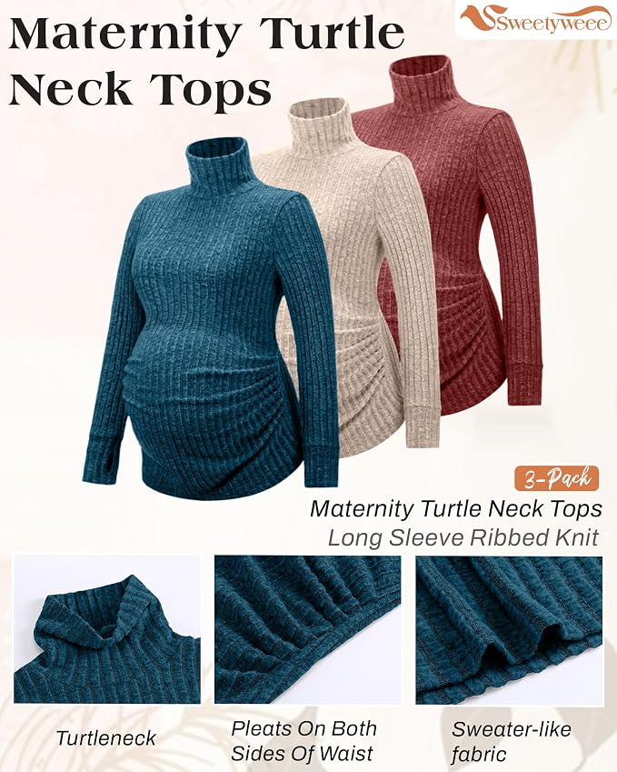 3 Pack Maternity T-Shirts Pregnancy Tops Women Sweater Long Sleeve Turtleneck - Image 3