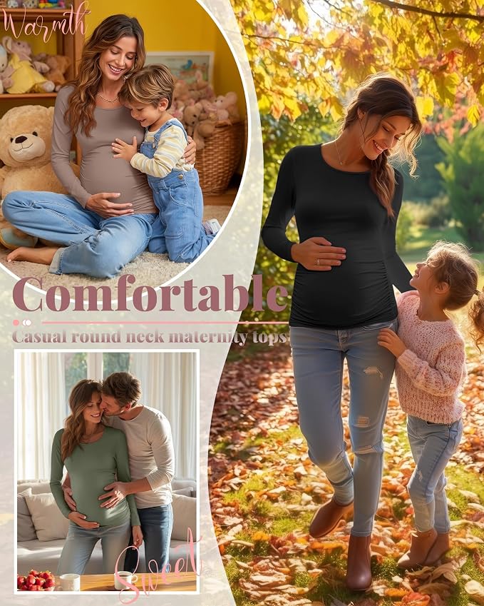 Ficerd 3 Pack Women's Maternity Shirts, Long Sleeve Side Ruched Pregnancy Tee - Image 4