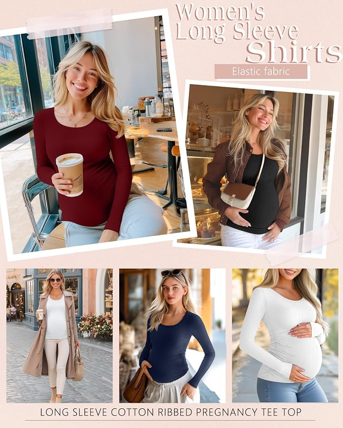 Riyiper 4 Pack Women's Maternity Shirts, Long Sleeve Cotton Ribbed Pregnancy - Image 2