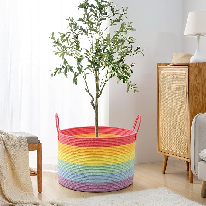 67L Rainbow Storage Basket for Organizing, Cotton Rope Woven Blanket Basket - Image 8