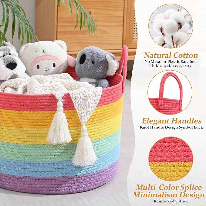 67L Rainbow Storage Basket for Organizing, Cotton Rope Woven Blanket Basket - Image 6