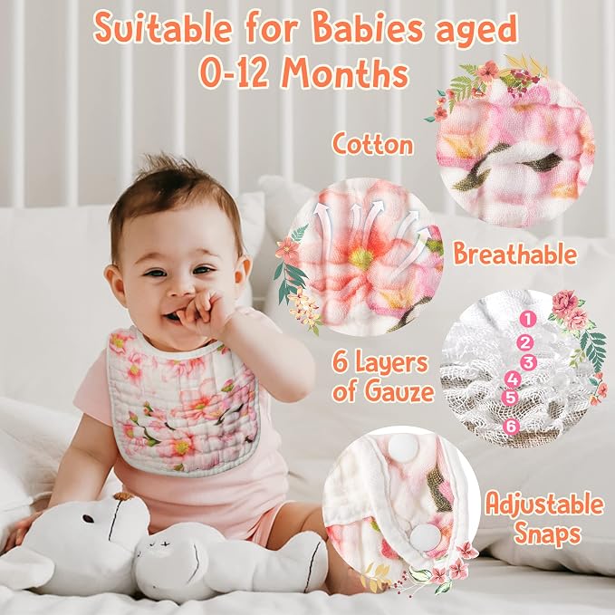 Zainpe 6Pcs Snap Muslin Cotton Baby Bibs Flowers Pattern Infants Feeding Bib - Image 3