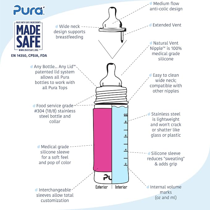 Pura Kiki 9oz/275ml Stainless Steel Infant Bottle w/Sleeve, Anti-Colic - Image 3