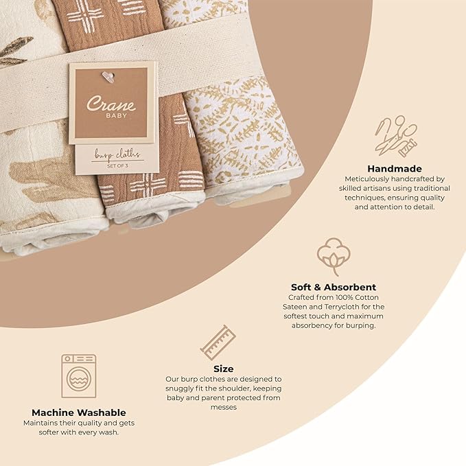 Crane Baby Muslin Baby Burp Cloths Set of 3, Safari Animal Print, 100% Cotton - Image 2
