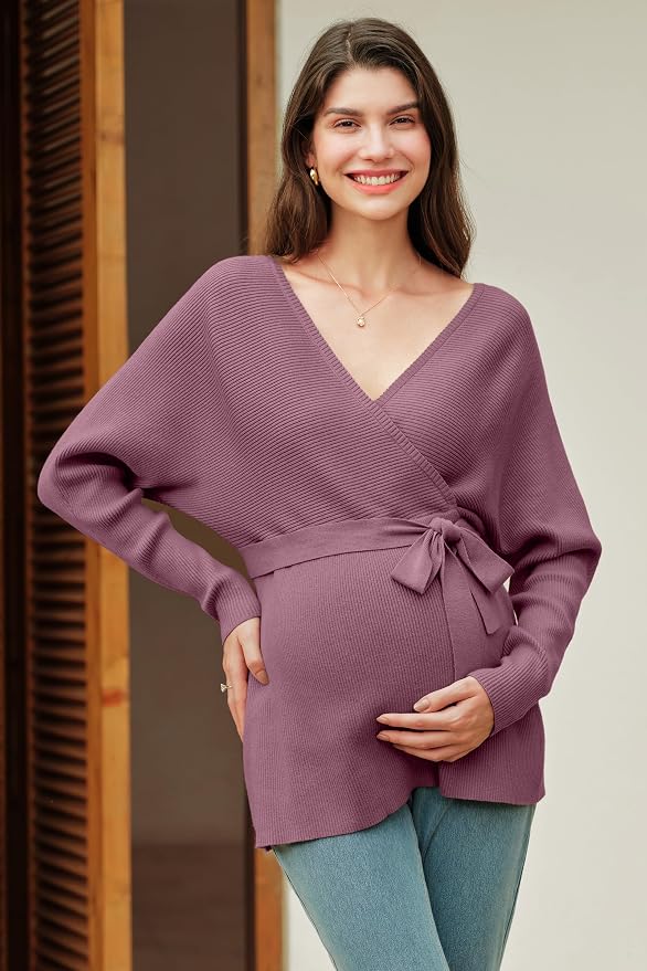OUGES Womens Soft Cotton Blend Maternity Sweater Wrap V Neck Long Sleeve V Back - Image 5