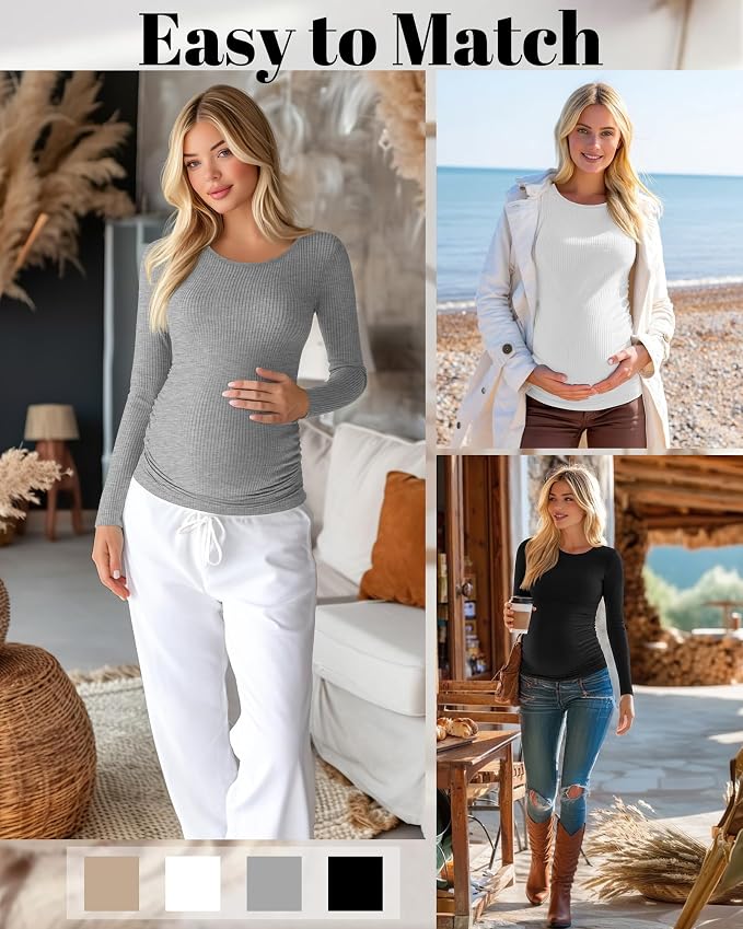 Huukeay 4 Pack Women's Maternity Shirts, Long Sleeve Cotton Ribbed Pregnancy - Image 4