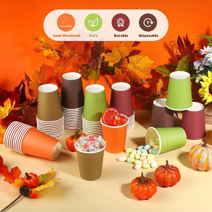 URATOT 60 Pieces 9 Ounce Disposable Paper Cups Autumn Color Party Cups - Image 4