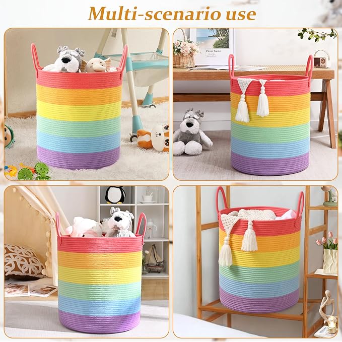 52L Rainbow Storage Basket for Organizing, Cotton Rope Woven Blanket Basket - Image 5