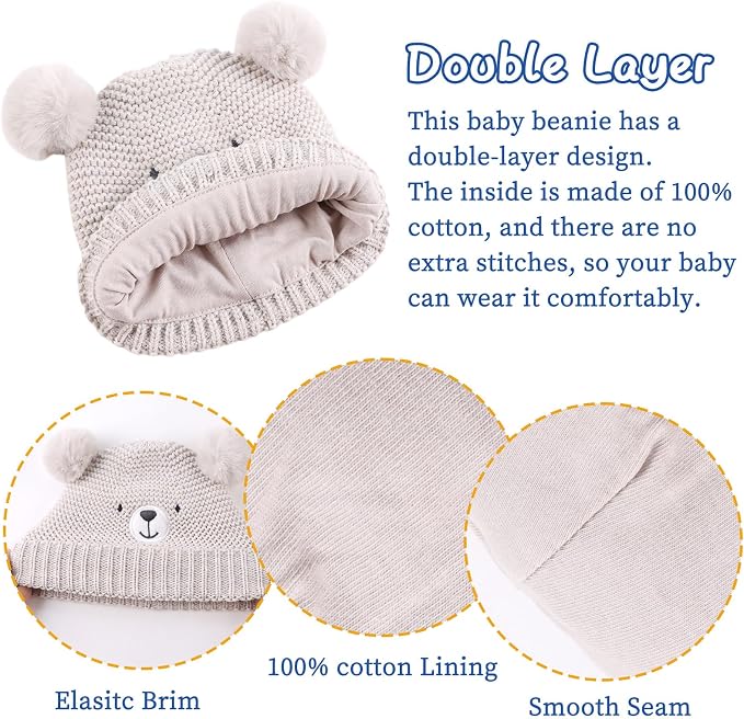 JANGANNSA Cute Bear Baby Beanie Pompom Baby Boys Hat Infant Toddler Winter - Image 4