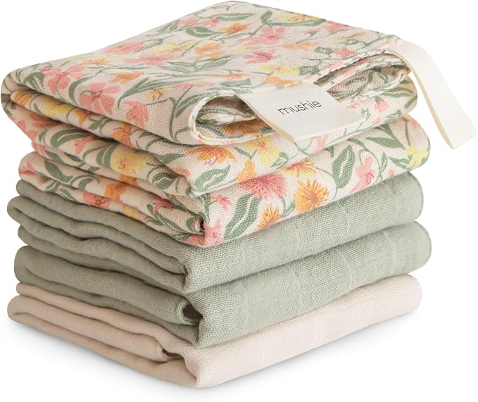mushie Muslin Organic Cotton Washcloths 5-Pack | Soft Wipes by mushie