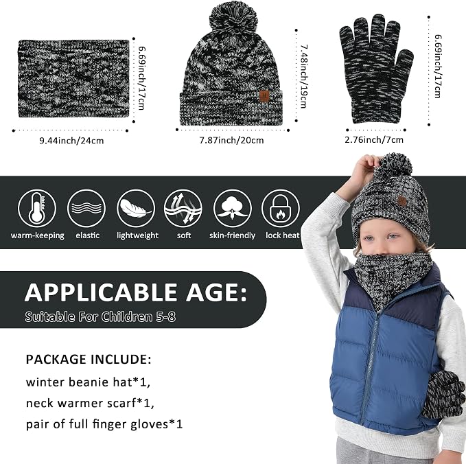 Kids Toddlers Winter Beanie Hats Gloves Neck Scarf Set Mittens Gifts - Image 6