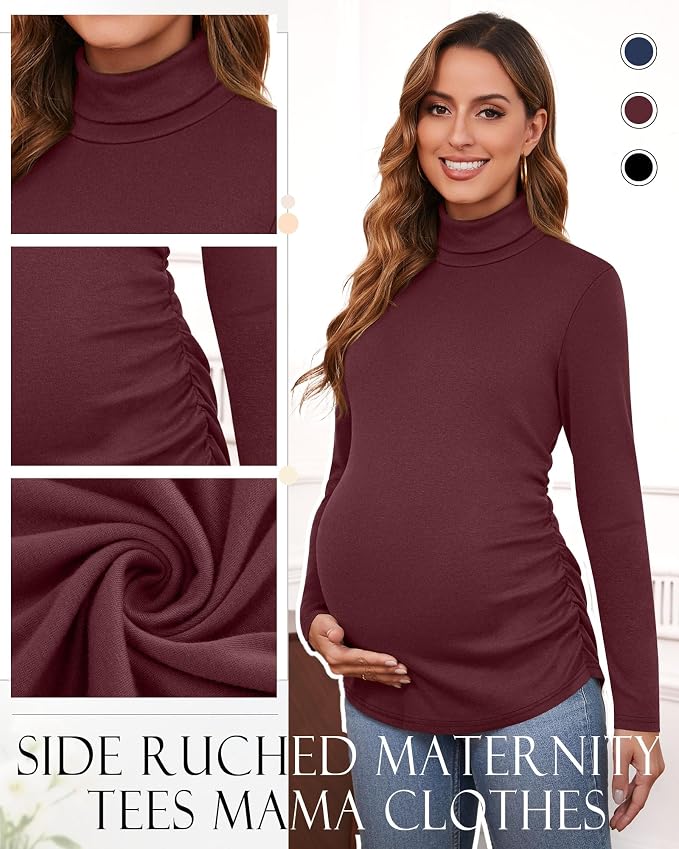 Ficerd 3 Pack Women's Maternity Shirts, Turtleneck Long Sleeve Pregnancy Tops - Image 4
