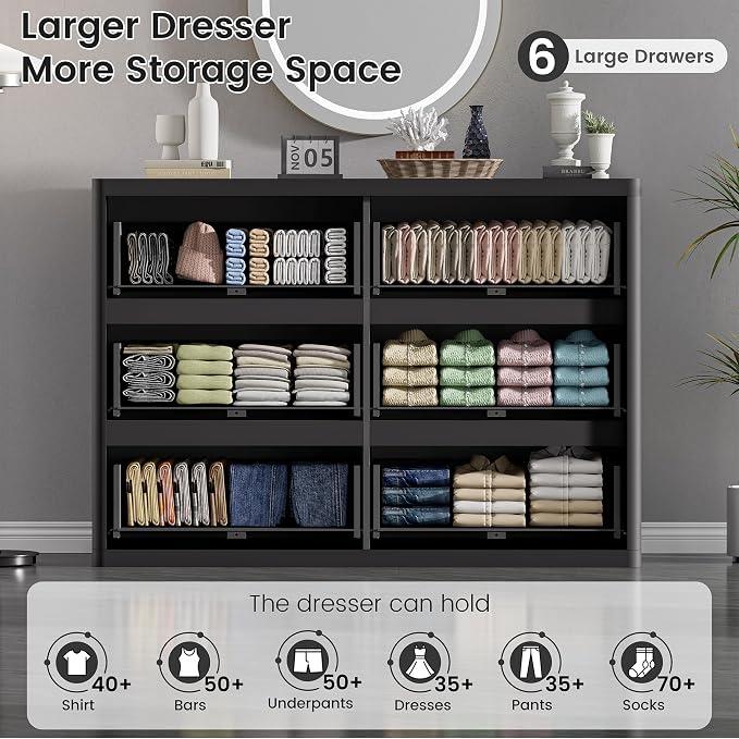 Black Dresser for Bedroom with 6 Double Drawers, Modern Fluted Dresser TV Stand - Image 3