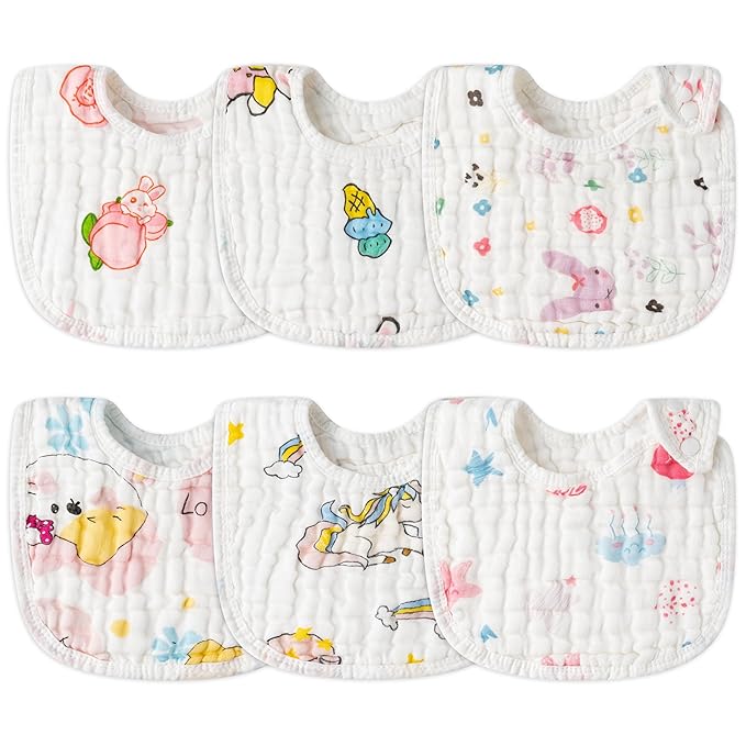 Zainpe 6Pcs Snap Muslin Cotton Baby Bibs Star Cat Rabbit Pattern Adjustable by Zainpe