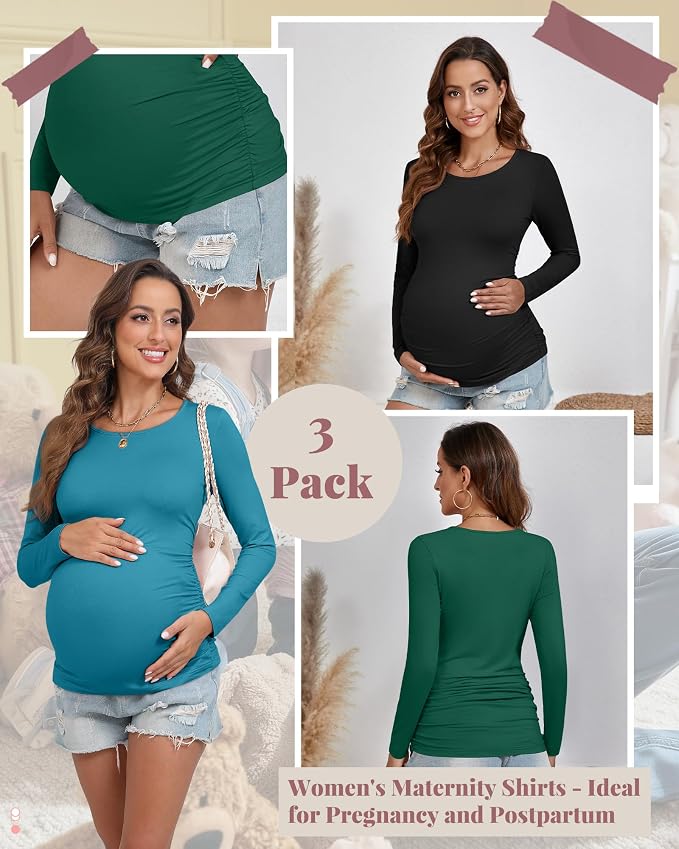 Ficerd 3 Pack Women's Maternity Shirts, Long Sleeve Side Ruched Pregnancy Tee - Image 3