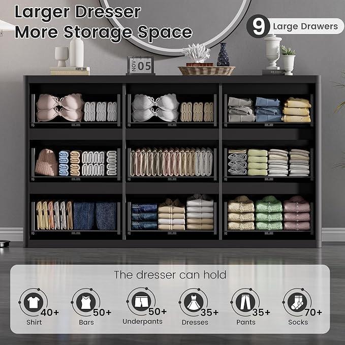 Black 9 Drawers Dressers for Bedroom, Curved Profile, Modern Flute Dresser TV - Image 3