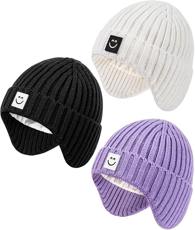 3 Pack Baby Beanie Hats with Earflaps, 2 Size Baby Winter Hat by Alepo