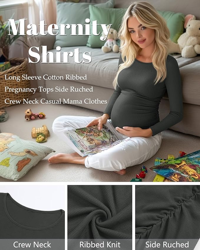 Huukeay 4 Pack Women's Maternity Shirts, Long Sleeve Cotton Ribbed Pregnancy - Image 5