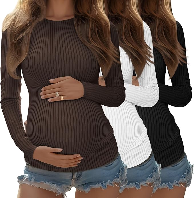 Riyiper 3 Pack Women's Maternity Shirts Long Sleeve Ribbed Knit Pregnancy Tees by Riyiper