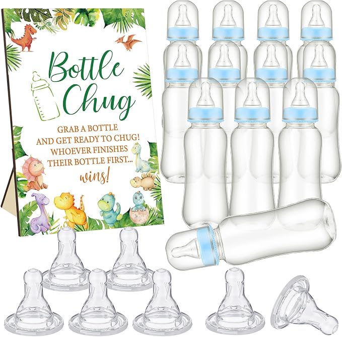 TrelaCo Dinosaur Cool Baby Shower Games Bottle Chug Sign Wooden Green Leaf Gift by TrelaCo