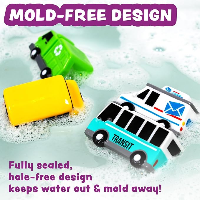 Tub Works® Vehicles™ Bath Cars Mold Free Bath Toys, 6 Pack | Sealed, No Hole - Image 4