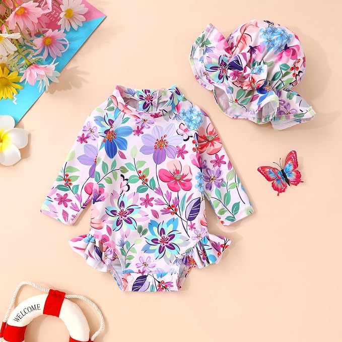 Infant Baby Girl Swimsuit One-Piece Long Sleeve Rash Guard - Image 2