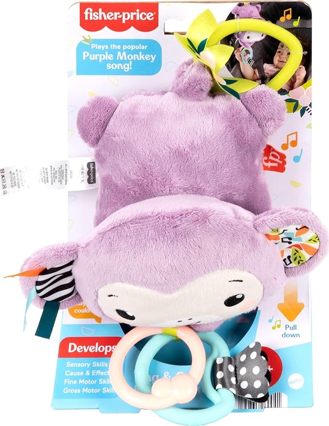 Fisher-Price Baby Stroller Toy Sing & Go Purple Monkey Musical Sensory Plush - Image 6