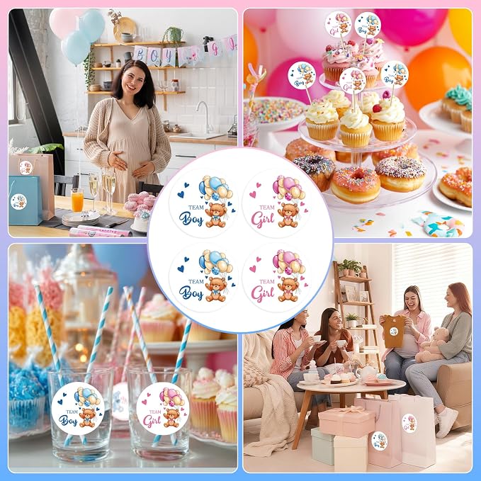 80Pcs Cute Bear Gender Reveal Stickers Roll, 2 Inch Team Boy Team Girl Gender - Image 6