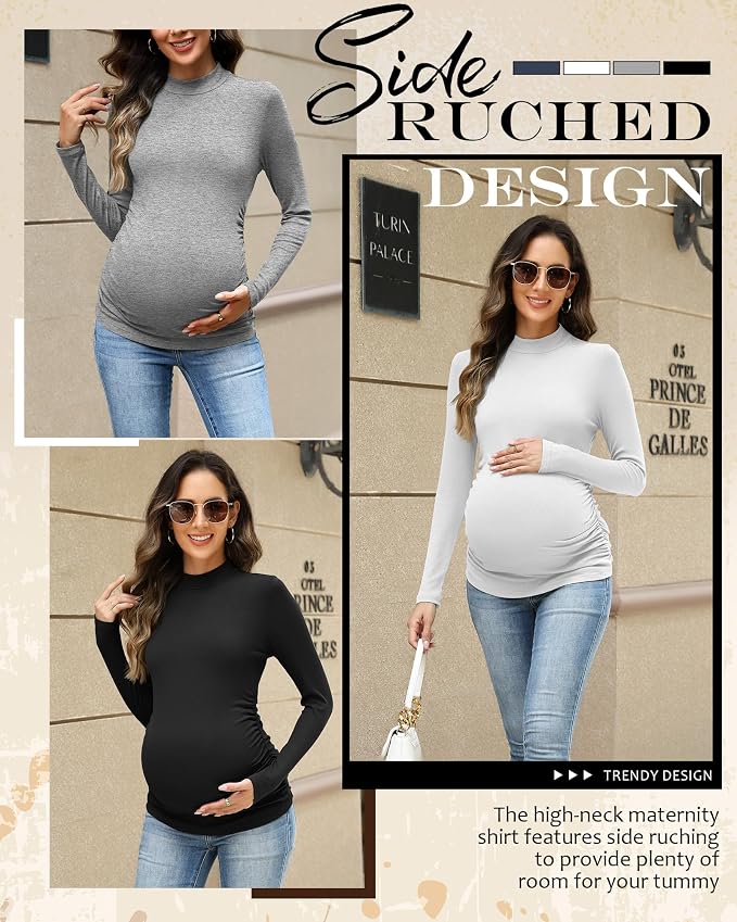 4 Packs Womens Maternity Shirts Long Sleeve Cotton Ribbed Pregnancy Mock Neck - Image 5