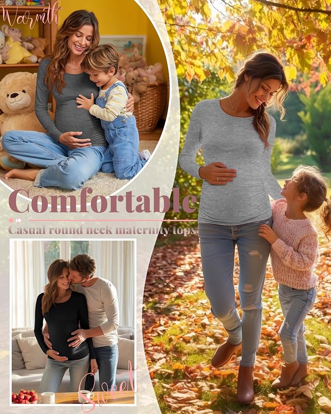 Ficerd 3 Pack Women's Maternity Shirts, Long Sleeve Side Ruched Pregnancy Tee - Image 4