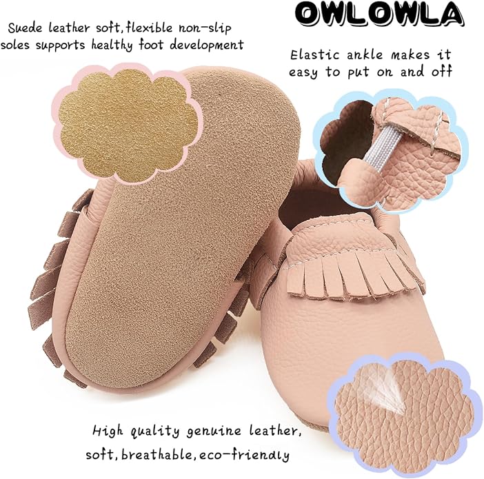 OWLOWLA Baby Moccasins Soft Sole Leather Baby Shoes Infant Toddler Pre-Walker - Image 3