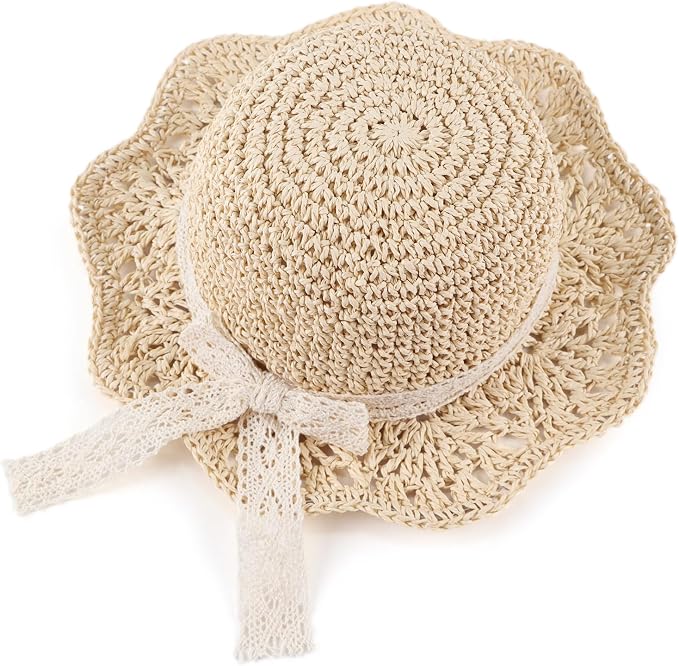 Baby Girl Straw Hat Outdoor Baby Sun Protection Hats Summer Bowknot Beach Cap by JANGANNSA