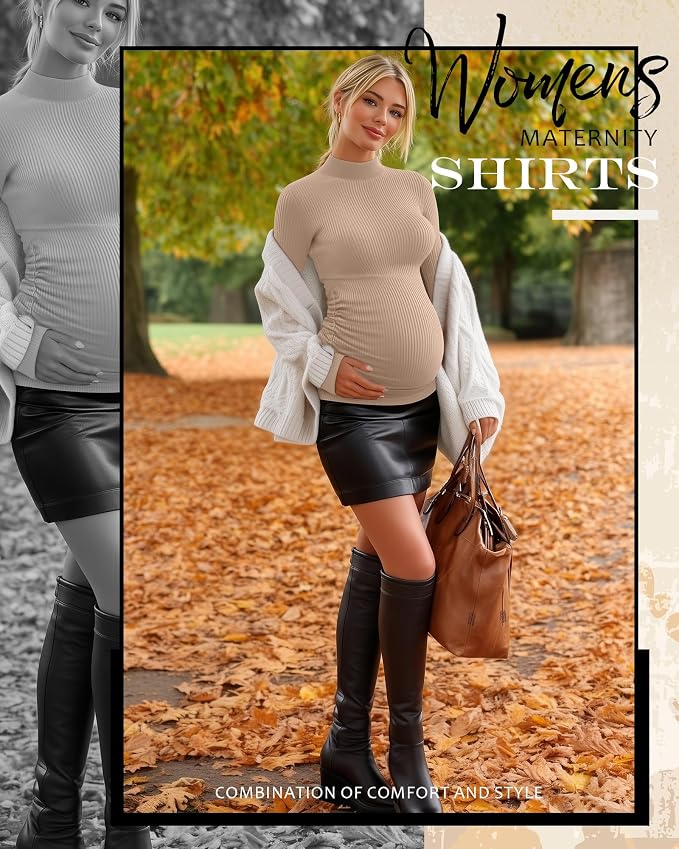 4 Packs Womens Maternity Shirts Long Sleeve Cotton Ribbed Pregnancy Mock Neck - Image 2