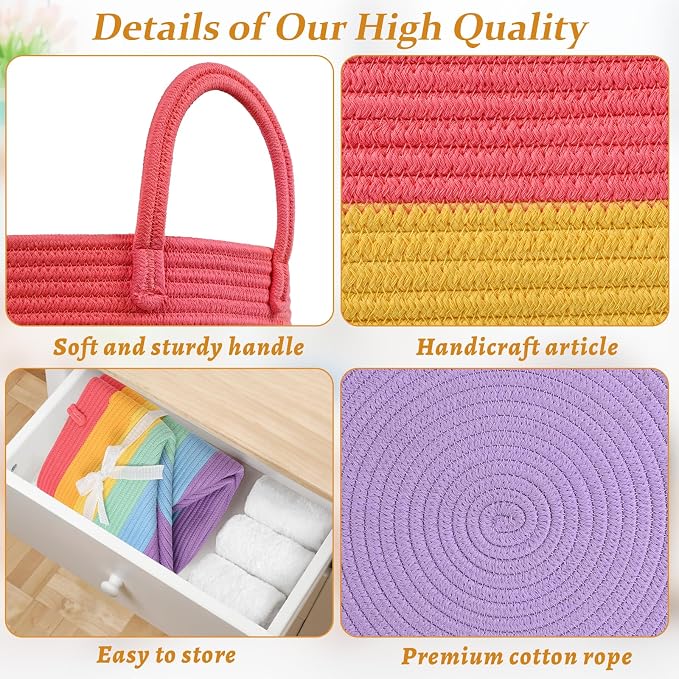 52L Rainbow Storage Basket for Organizing, Cotton Rope Woven Blanket Basket - Image 8