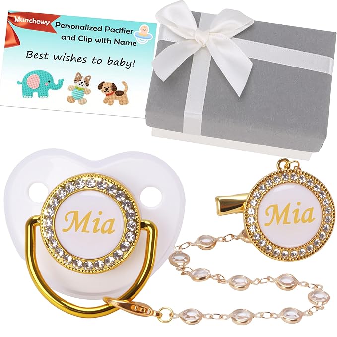 Custom Baby Pacifier with Name, Personalized Pacifier Clip Set with Gift Box by Munchewy