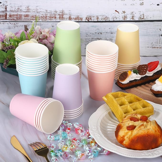 URATOT 60 Pieces 9 Ounce Disposable Paper Cups Pastel Rainbow Party Cups - Image 5