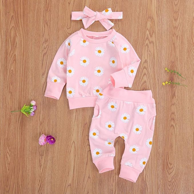 3Pcs Baby Girl Outfits Daisy Sweatshirt + Pants + Headband Infant Fall Winter - Image 5