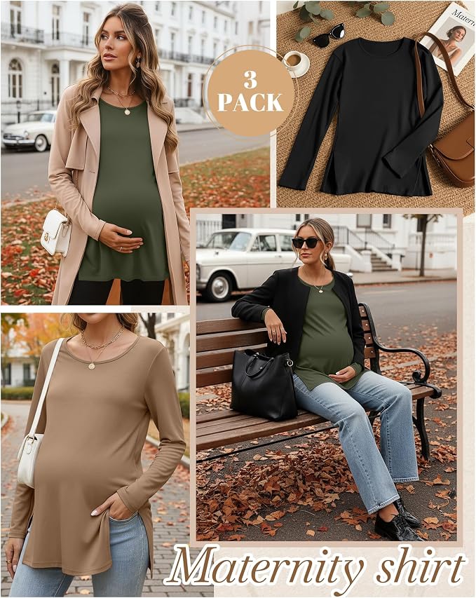 Riyiper 3 Pack Women's Maternity Long Sleeve T-Shirts Round Neck Side Split - Image 4