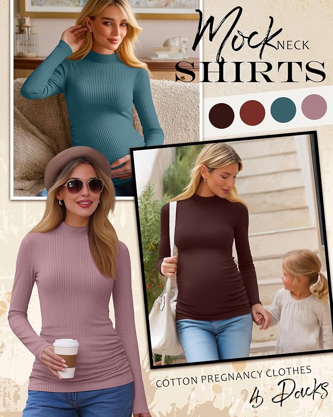 4 Packs Womens Maternity Shirts Long Sleeve Cotton Ribbed Pregnancy Mock Neck - Image 3