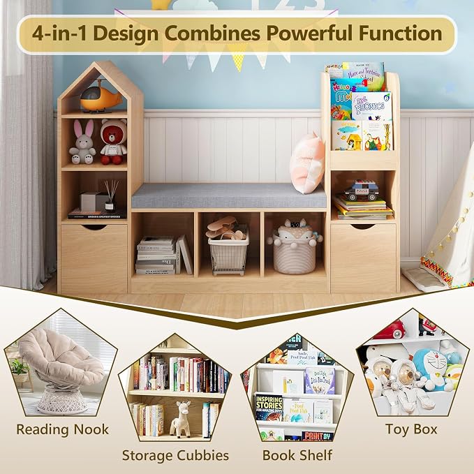 Vabches Kids Bookcase with Reading Nook, Oak Bookshelf with 7 Storage Cubbies & - Image 3