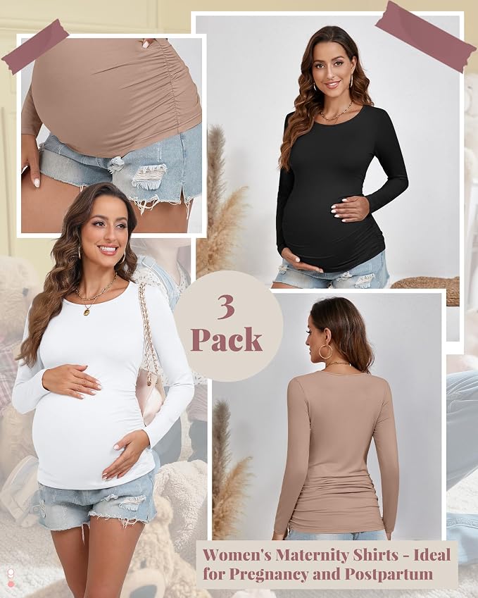 Ficerd 3 Pack Women's Maternity Shirts, Long Sleeve Side Ruched Pregnancy Tee - Image 3