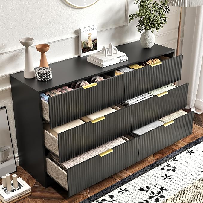 6 Drawers Fluted Dresser for Bedroom, Large Floor Chest of Drawers, Modern Long - Image 6